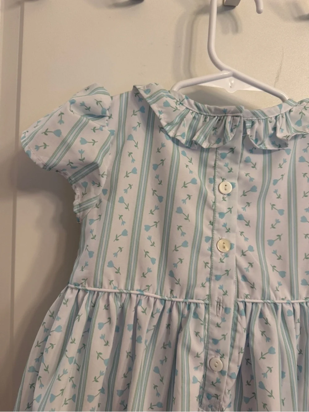 Girls White and Light Blue Smocked Floral Stripe Dress